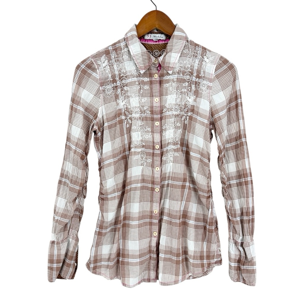 JOHNNY WAS 3J Workshop Embriodered Shirt Plaid Long Sleeve Button